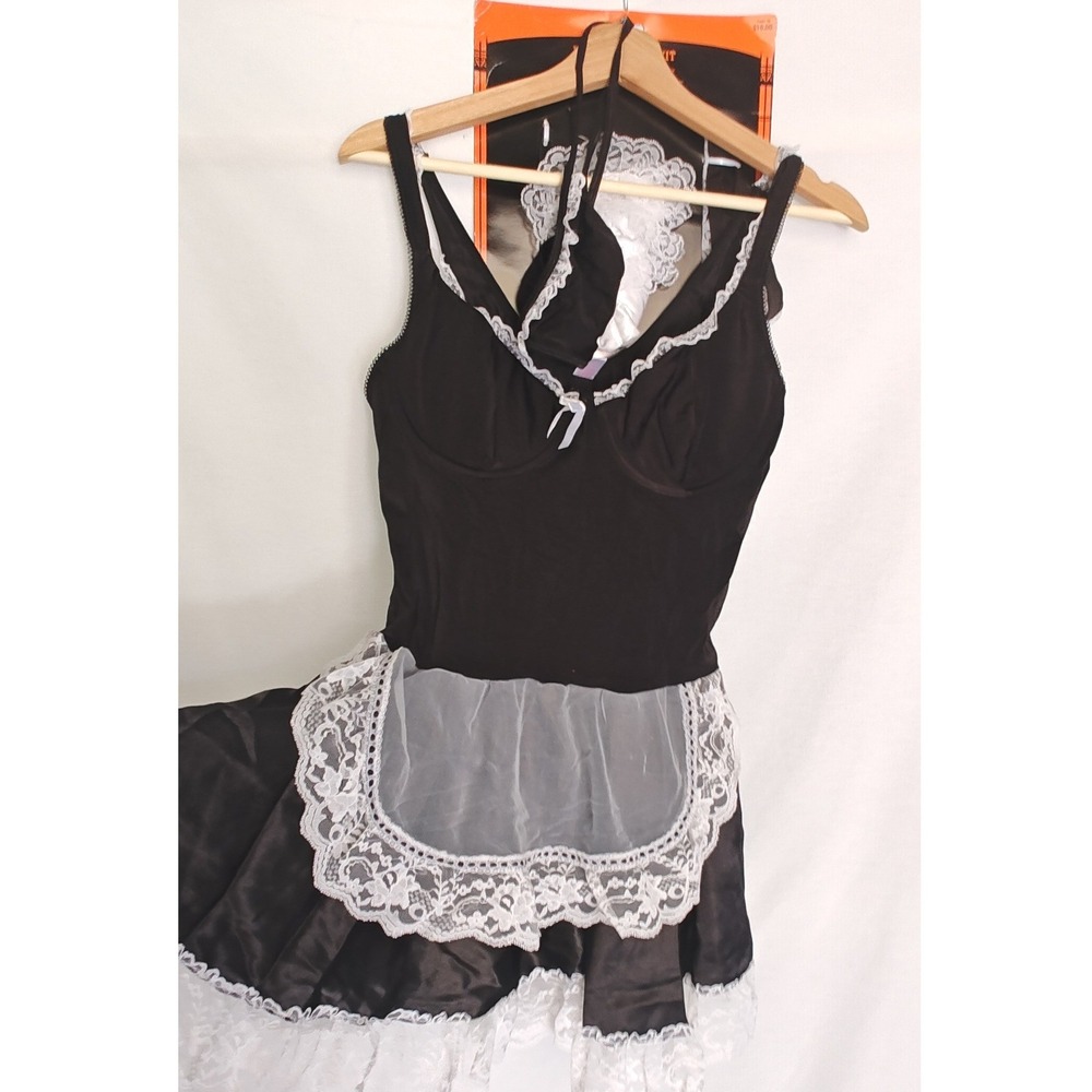 Jolie Intimates French Maid Costume Black Lace Apron Feather Duster Halloween L